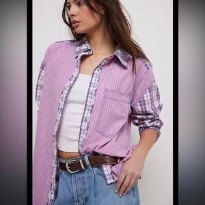 Free People We the Free Montauk Gingham Button down Shirt Pink/Blue Combo NWOT